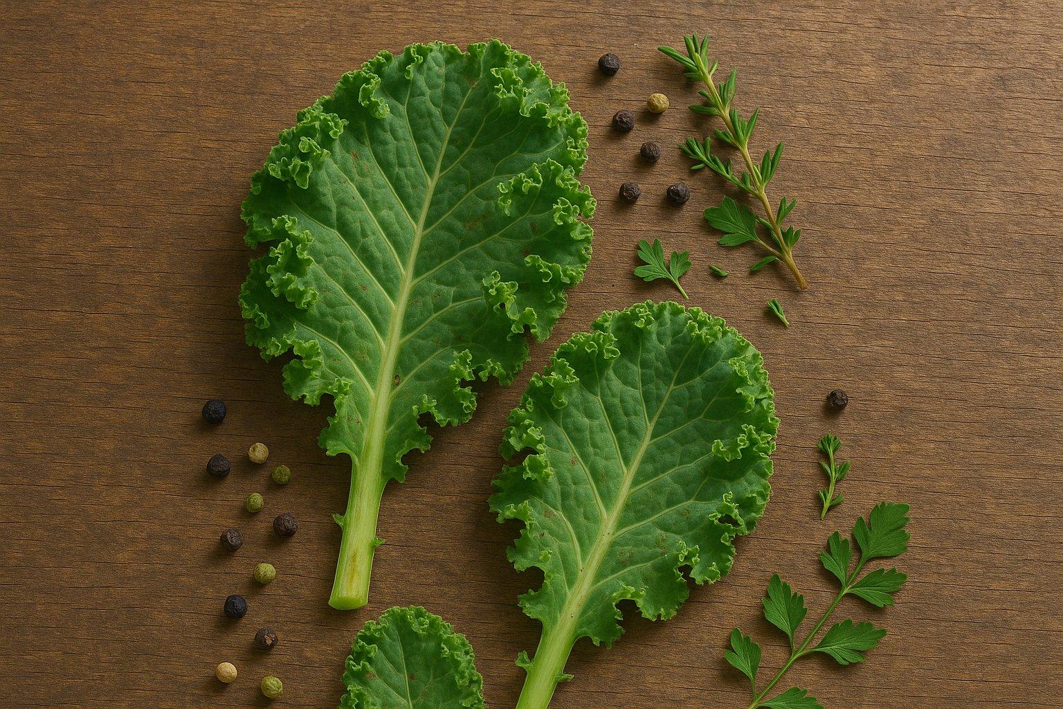 Świeży jarmuż obok którego są różne przyprawy dla dekoracji