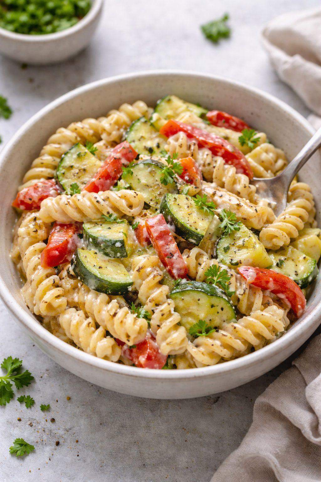 Zdjęcie na którym widać przepis na makaron z ciecierzycy z warzywami, całość jest ładnie podana. Jest częścią wpisu blogowego.