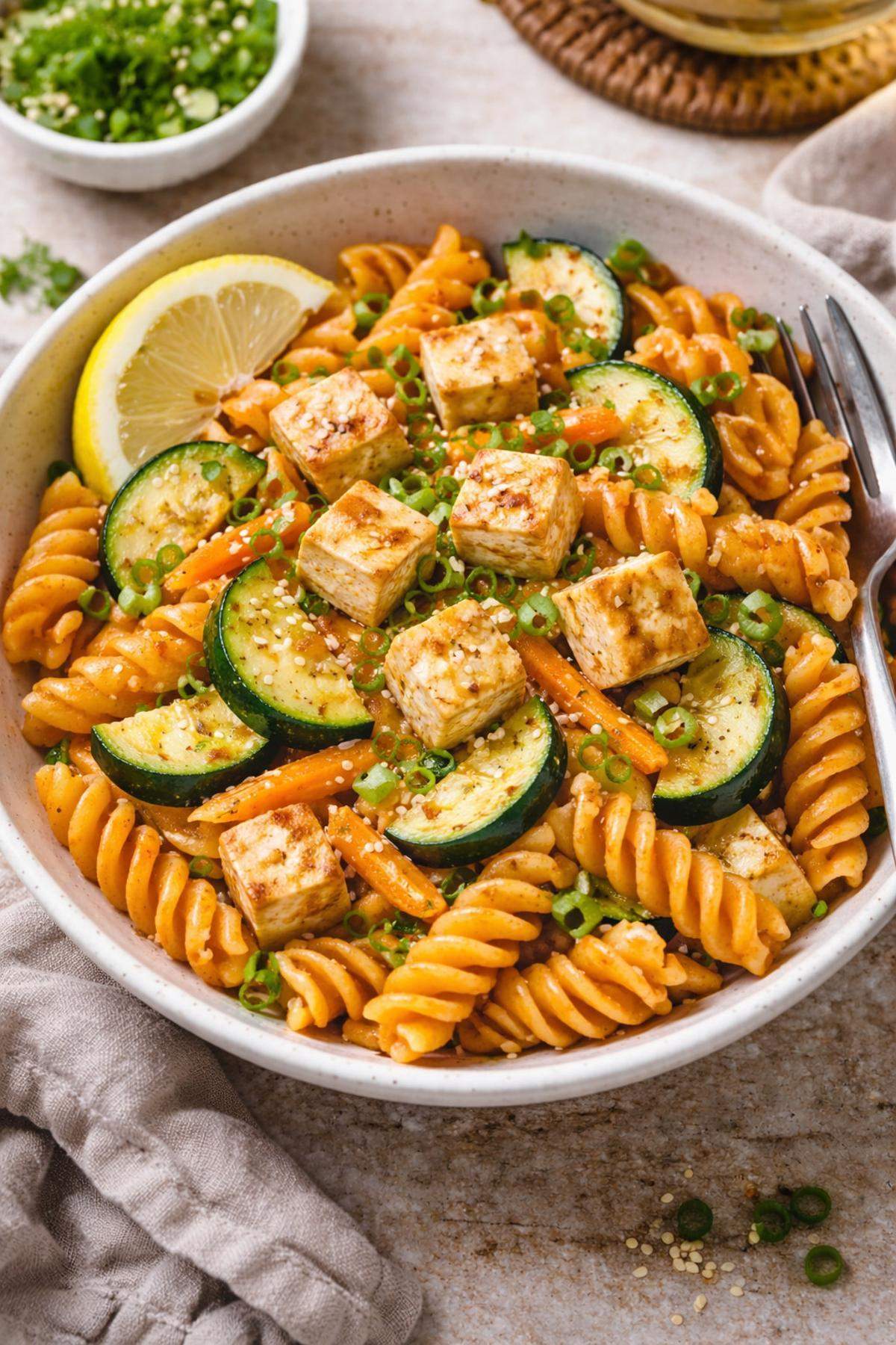 Zdjęcie na którym widać posiłek wegetariański, czyli przepis na makaron z soczewicy z tofu i cukinią.